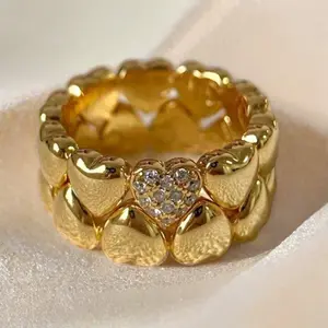 1 Piece Vintage Cubic Zirconia Heart Golden Ring Double Layer Heart Stacked Ring for Women and Girls Suitable for Daily Casual Wear Party and Gifting High Quality Ring