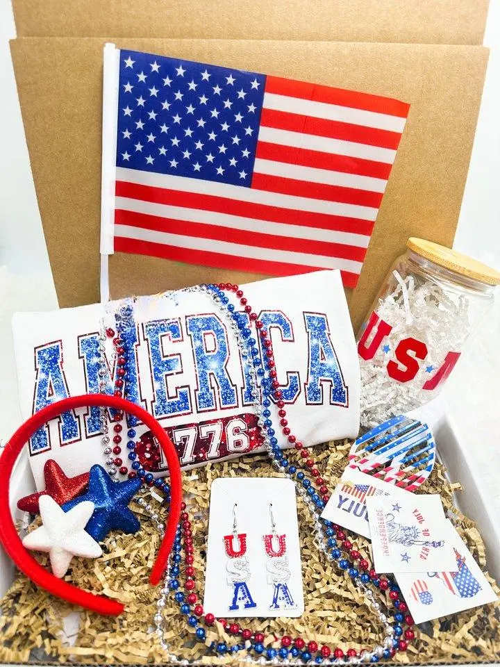 Fourth of July Gift Basket - Unisex with "America" Graphic T-Shirt, 16 oz USA Tumbler, Assorted Earrings, Bead Necklaces, American Flag Glasses, July 4th, 4th of July Accessories, 4th of July Clothing
