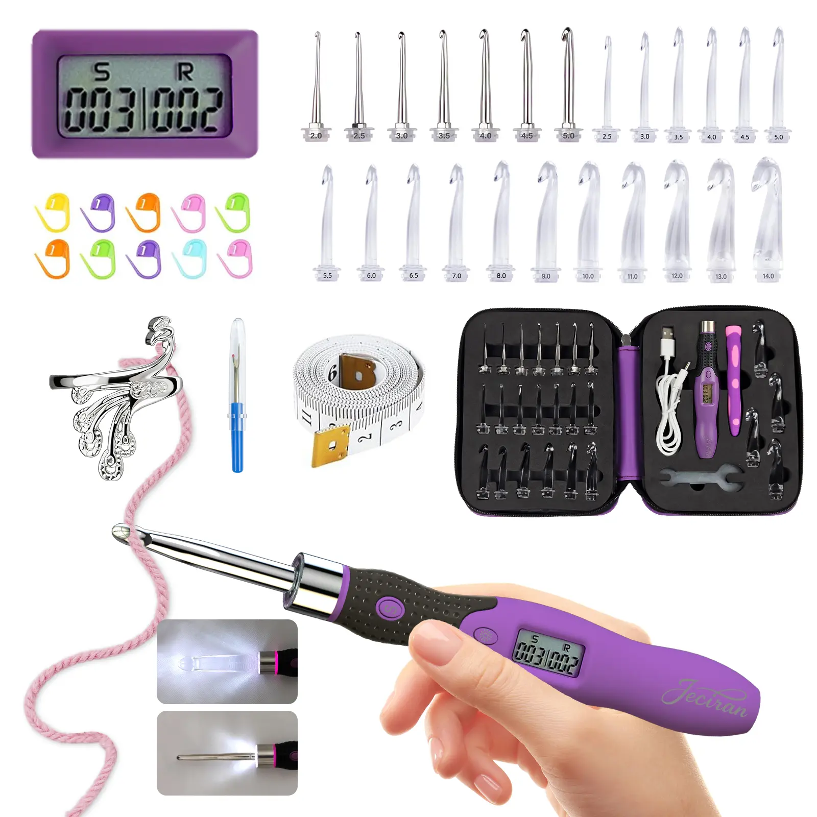 Jeciran Upgraded Light Up Counting Crochet Hook Set,Light&Counter,24-in-1 | Ergonomic anti-slip grip with LED illumination, real-time row tracking,and smooth interchangeable heads