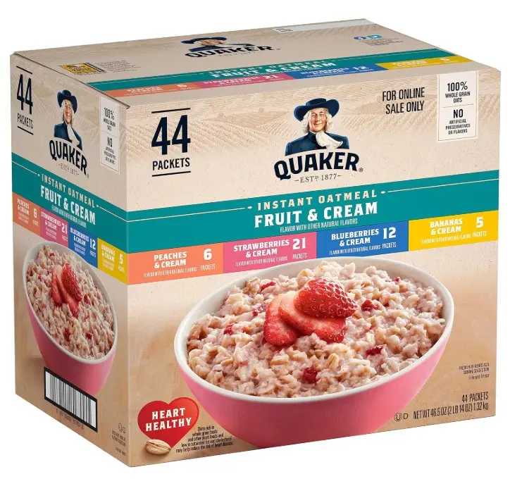 Quaker Instant Oatmeal Fruit & Cream Variety Pack, Single Serve Packets, (44 Pack)