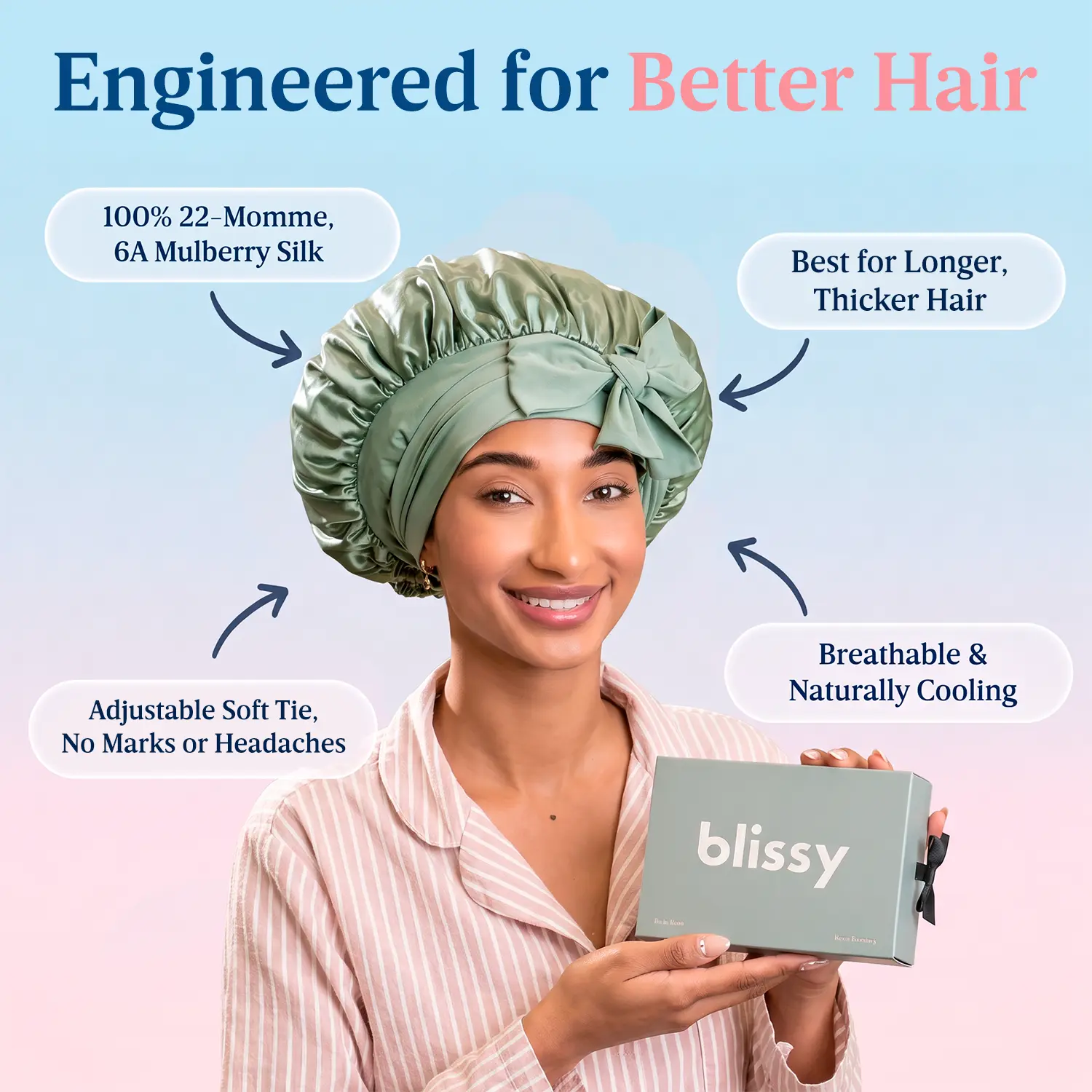 Blissy Silk Bow Bonnet – 100% Mulberry Silk – Anti-Frizz Hair Protection – Extends Blowouts
