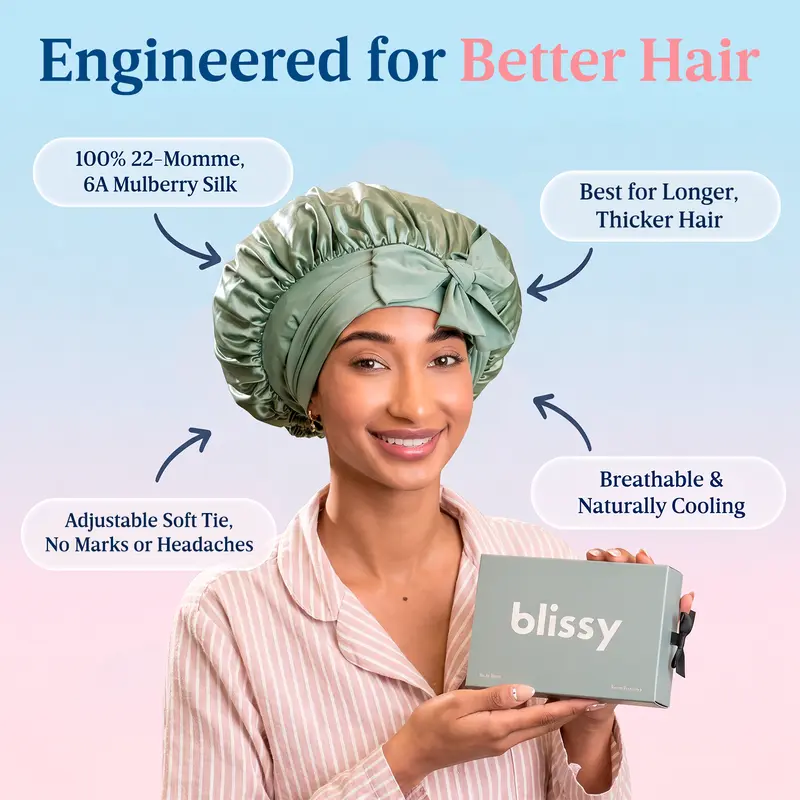 Blissy Silk Bow Bonnet – 100% Mulberry Silk – Anti-Frizz Hair Protection – Extends Blowouts