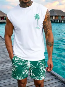 Men's Wide Shoulder Vintage Sleeveless Vest, Coconut Tree Print, Tropical Summer Vacation Party Wear, Daily Fitted Top, Sporty Style
