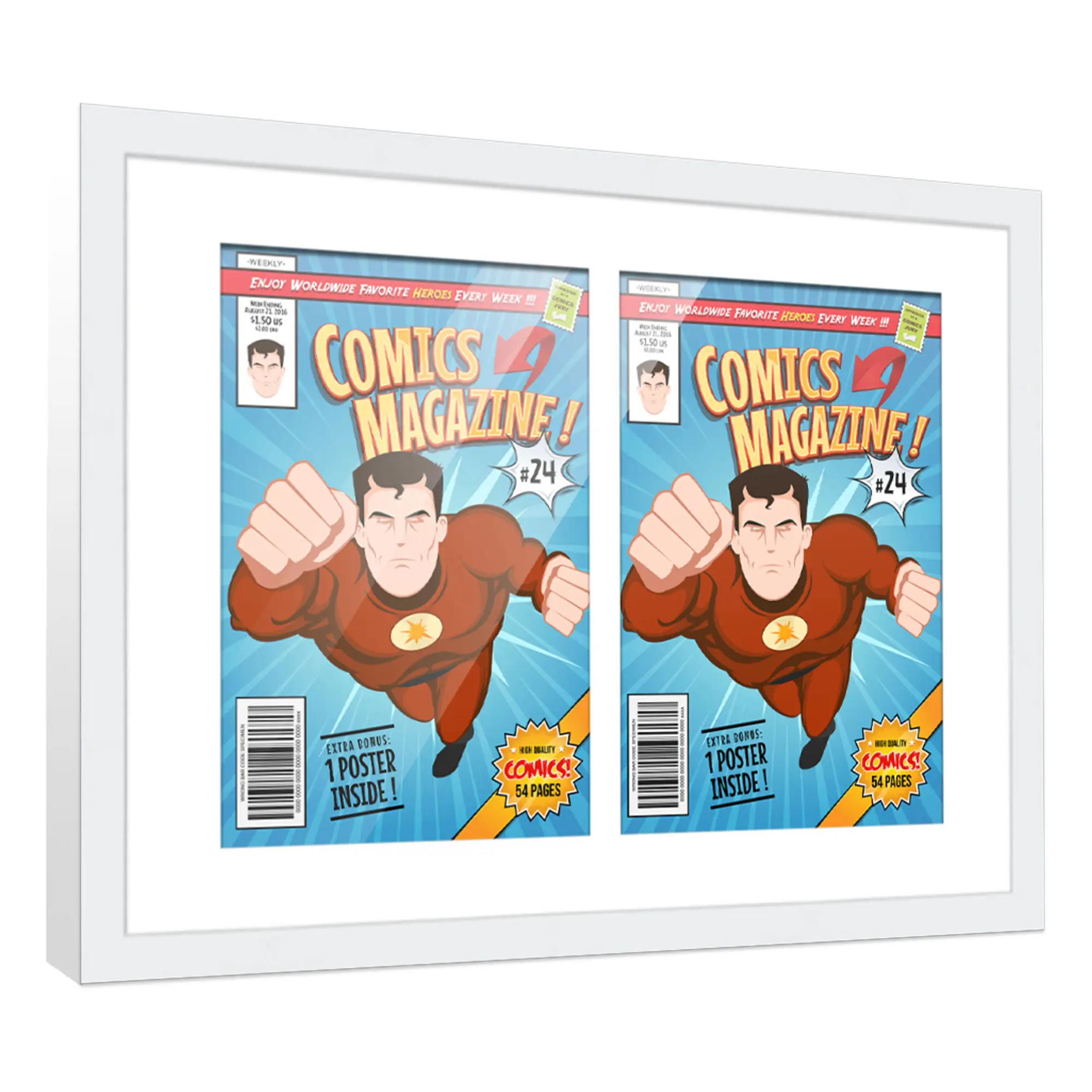 Comic Book Frame with Mat for 2 Bronze Age Comics Published Between 1970 and 1985 - White Wood Comic Frame With White Mat for 7.25x10.5 Comics - 14x18 Frame Size