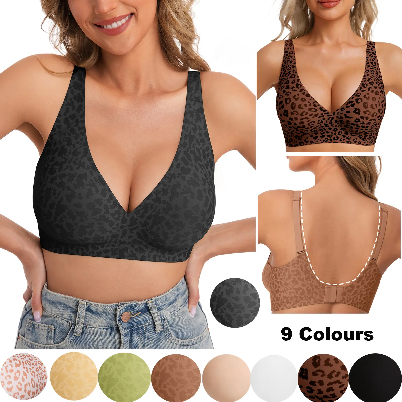1 Pack & 2 Pack Lift Support Bra | Invisible Smooth V-Neck Bra Leopard Solid Wireless Bra Anti-Sagging Comfort Sports Lingerie With Adjustable Back Clasp