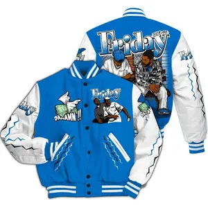 Blueberry Sneaker Match Varsity Jacket 90s Movie Graphic, Retro Streetwear Style, Casual Outfit