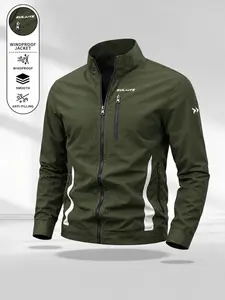 Men's Casual Stand Collar Jacket, Smooth Windproof Fabric, Multiple Zip Pockets, Chest Print, Side Color Block, Long Sleeve, All Seasons, Casual Coat