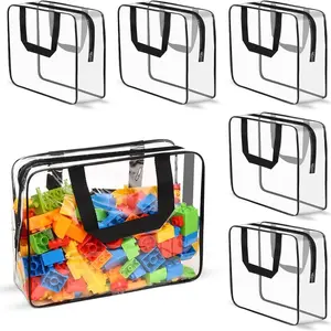 6 Packs Large Toy Storage Bags with Zipper Plastic Toy Storage Bag with Labels for Building Blocks Travel Waterproof Organizer Bags for Puzzles Cosmetics Stationery