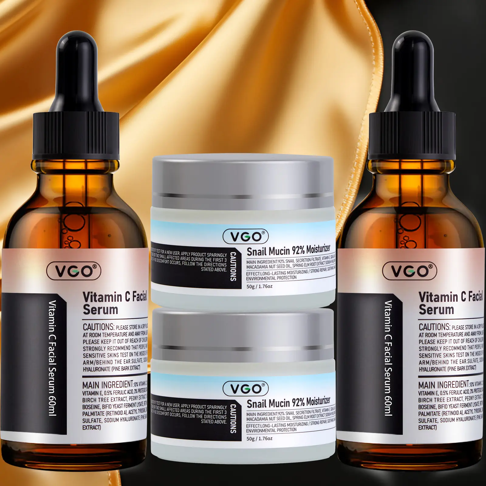 VGO Unisex Adults' Skincare Set - Vitamin C Serum & 92% Snail Mucin Moisturizer, Gentle Daily Formula for Hydrate, Repair, Anti-Aging, Dullness, All Types, Radiant Skin Transformation, Moisturizing, All Skin Types, 250G, 92% Snail Secretion Filtrate, Acne