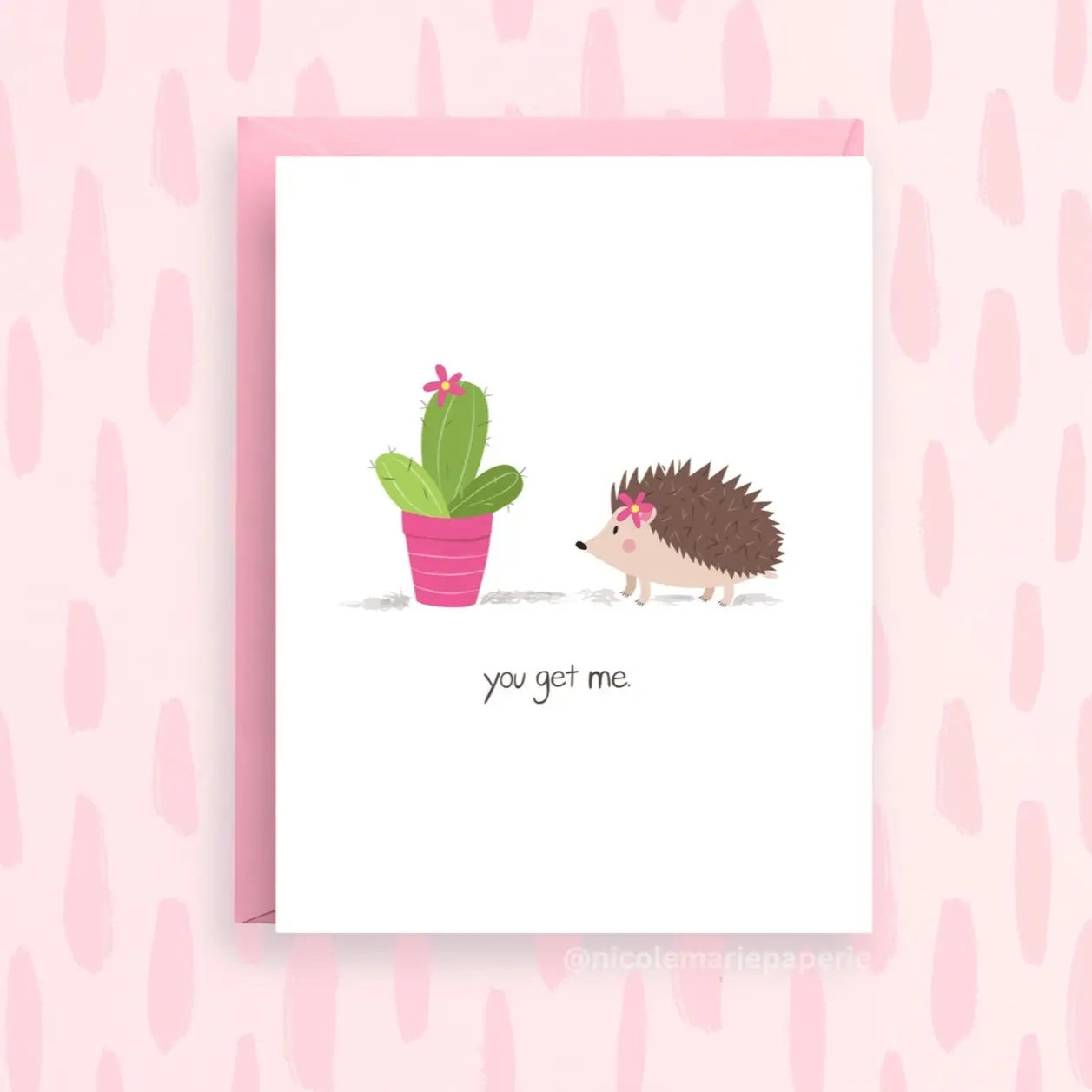 Hedgehog and Cactus Valentine's Card, 'You Get Me', Cute Friendship Greeting, A2 Size with Pink Envelope