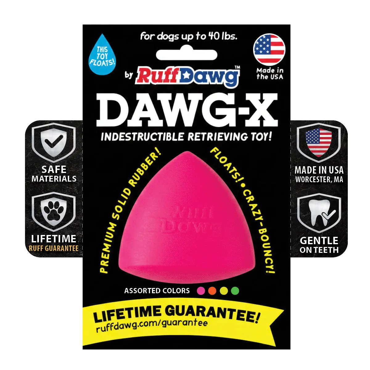 Ruff Dawg Dawg-X Indestructible Dog Toy, Made in the USA, Solid Rubber, Lifetime Guarantee Durable Chew