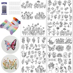 Floral Transfer Embroidery Water-Soluble Stabilizer, Beginner DIY Creative Stitching Material, 4 Pages Floral Pattern, Flower Embroidery