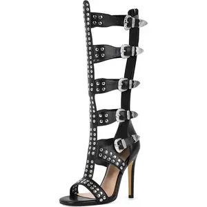 Evolra Women’s Studded Knee-High Gladiator Stiletto Sandals for Nightclub, Party & Festival – Punk Rivet Strap High Heel Sandals with Back Zipper, Trendy Shoes for Party