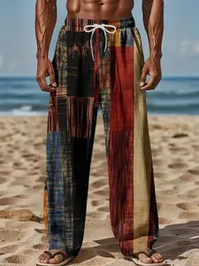 Boho Style Printed Men's Casual Pants, Boho Elastic Pants, Drawstring Long Pants, Loose Fit Wide Leg Pants, Outdoor Leisure and Sports Wear