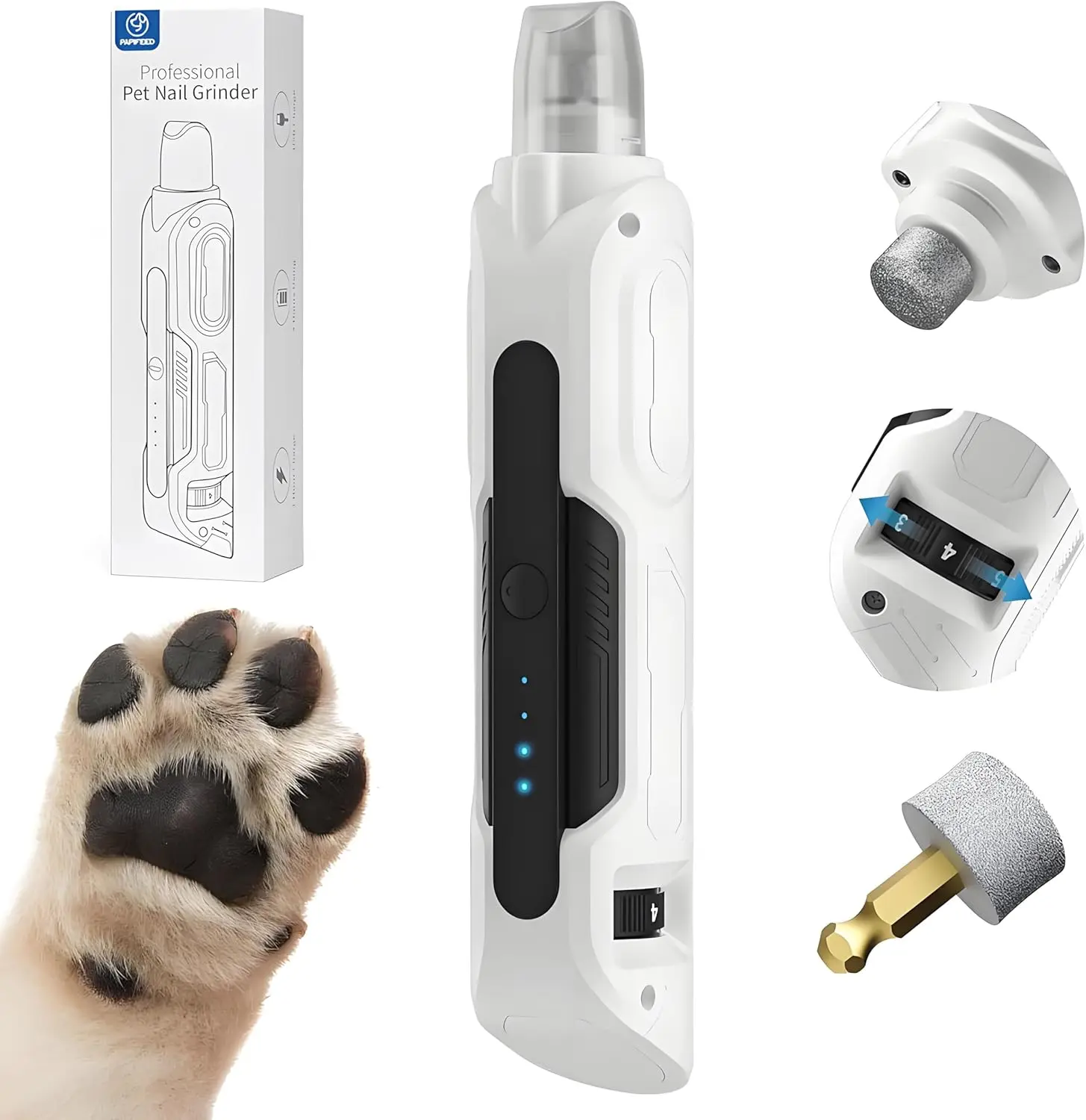 Dog Nail Grinder, Pet Nail Grinder with  Speeds Quiet Motor, LED Light and Dust Collection, Rechargeable Dog Nail Trimmer for Small Medium Large Dogs Cats, Grooming Kit