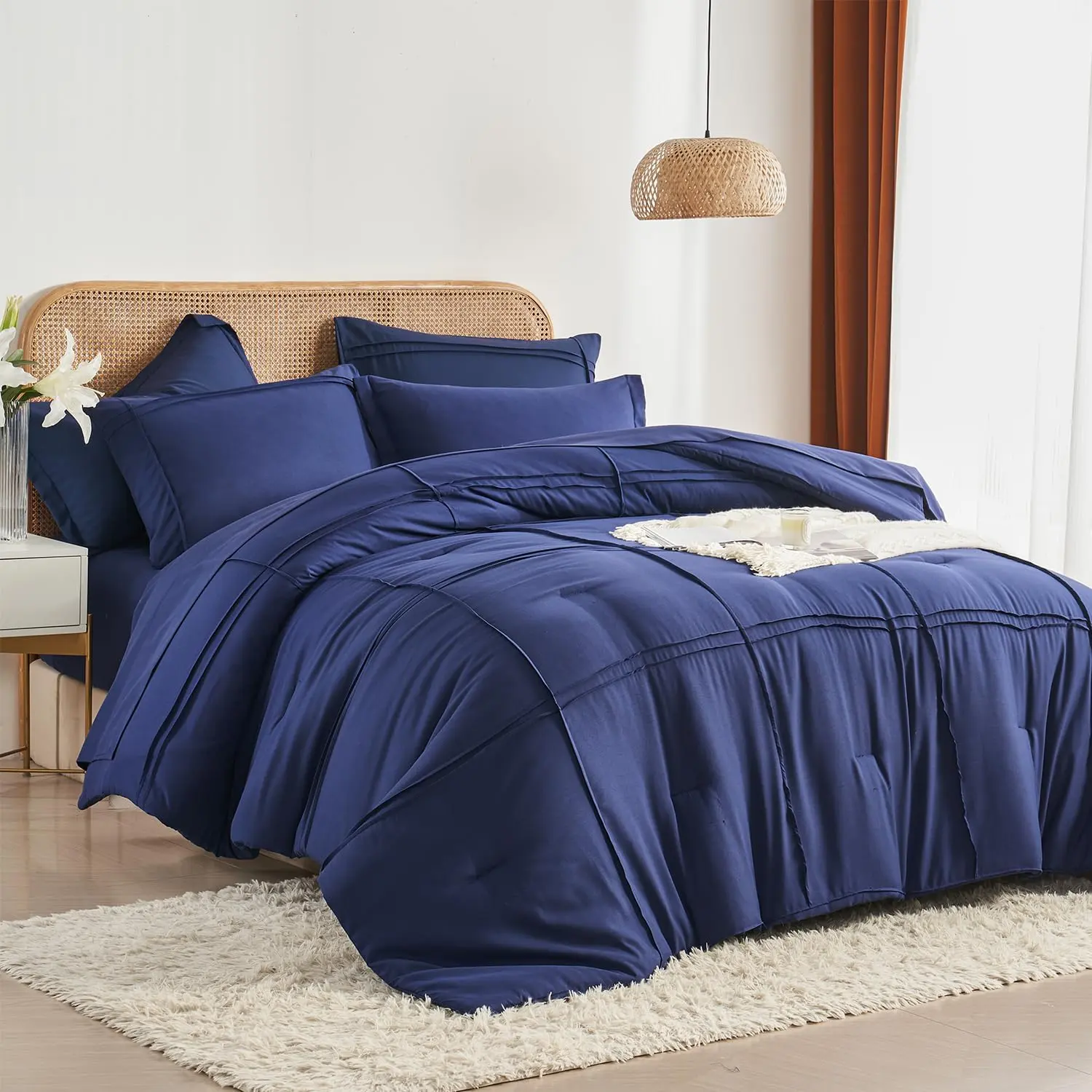 Comforter Set 7 count Bed in a Bag,Grid Pinch Pleat Navy Blue Bedding Set,Striped Textured Soft Microfiber Comforter with Sheet Set,All Season Complete Bed Set(Navy Blue,)