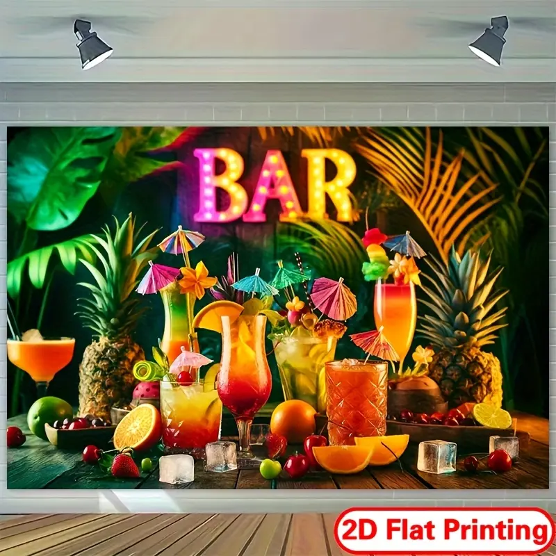 Tropical Roostertail Bar Backdrop Pineapple Party Backdrop Vibrant Summer Background Cloth Tropical Tapestry Wall Hanging Photography Background Polyester Fiber Birthday Holiday Party Event Studio Prop Studio Wall Scene