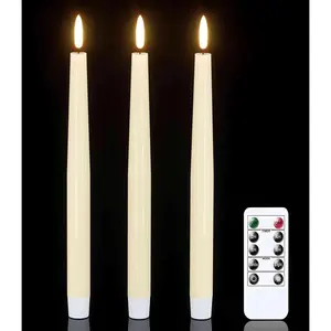 Flameless taper candles with remote timer, real wax LED flickering candlesticks battery operated 3D Wick for wedding, party, home (ivory, 9.84 ", set of 3)