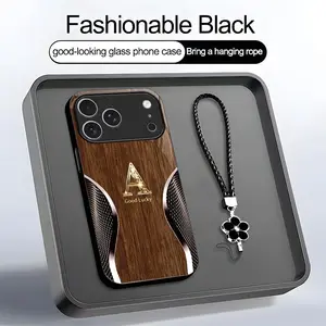 Wood Grain 26 lette & Carbon Fiber Art Glass phone Case, Suitable for [iPhone 17 Pro] high-end women's, Lanyard a beautiful four-leaf clover lanyard is included🍀 952