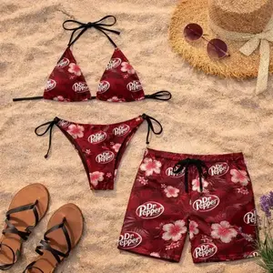 Dr Pepper Red Floral Bikini Set & Matching Swim Trunks, Couples Swimwear, Tropical Hibiscus Bathing Suit, Summer Vacation Gift for Her Him