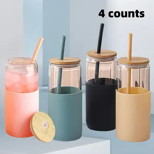 16oz Glass Cup with Bamboo Lid & Straw, 4 Counts Reusable Glass Cup, Drinking Cup for Home Office Use, Kitchen Supplies, Drinkware