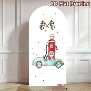 Race Car Gas Station Checkered Flag Backdrop Cover for Baby Shower Boys Birthday Party Decoration Elastic Double-Sided Spandex Fabric Background