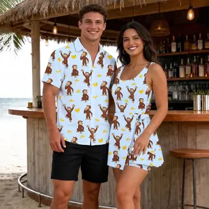 Currious George Cute Monkey And Bananas  Matching Couple Hawaiian Set, Hawaiian Shirt And Dress Skirt Combo Summer Beach Vacation Outfit For Couples, Summer Vacation Beach Trip Gift Idea | 270326.R3018.ID00
