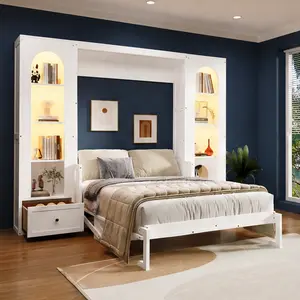 ARCH Queen Size Murphy Platform Bed with LED Lights, Storage Shelves, Drawers and Side Cabinets, Solid Wood and MDF, White, No Box Spring Needed, Wall Bed for Bedroom, French Style, Combo Unit, Queen Size Options, White Color Options