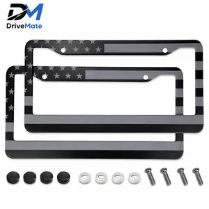 DriveMate American Flag License Plate Frame 2 Pack, Black Aluminum License Plate Holder, Universal Fit for Front and Rear Standard US Plates, Car Accessories
