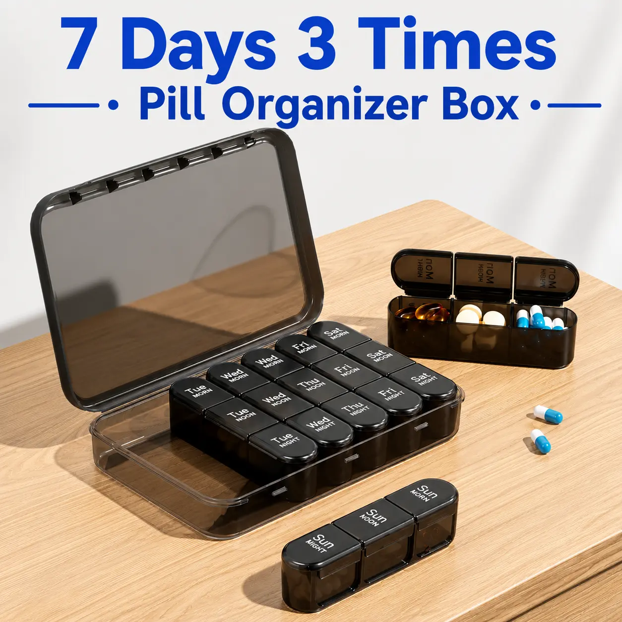 7-Day 3 Times a Day Tampon & Medication Pill Organizer, Travel-Friendly Light-Proof Pill Case with Large Containers for Vitamins, Supplements, Fish Oils (Black), Tampons