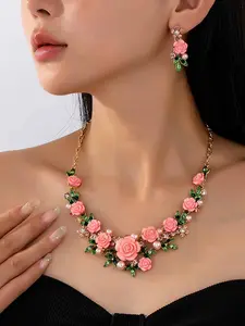 Elegant Acrylic Flower & Leaf Necklace Earrings Set, Charming Circle, Perfect for Parties and Weddings, Ideal Holiday Jewelry