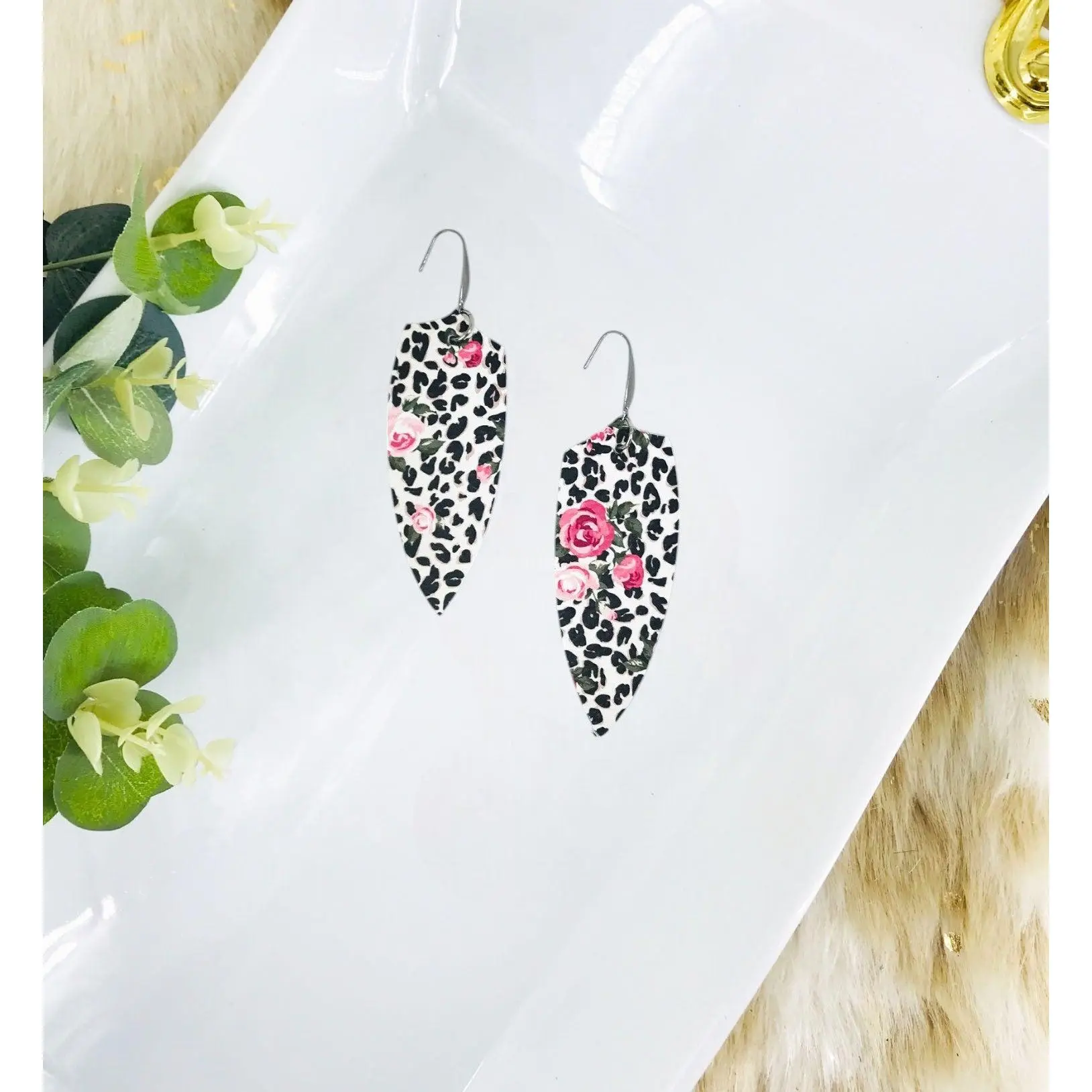 Roses over Black Spotted Leopard Leather Earrings - E19-1754