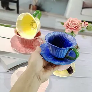 Gift for Girl friend 💗, Embossed Flower Ceramic Cup with Saucer Plate, Vintage Coffee Mug, Healing Cup for Cappuccino, Latte Art Coffee Cup Pink and Blue Flower Cup 🌸  Aesthetic
