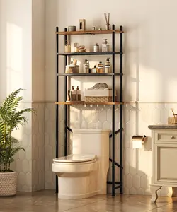 HOOBRO 4-Tier Over Toilet Bathroom Organizer, Freestanding Above Toilet Shelf with Adjustable Feet, Easy Assembly, Space Saving Rustic Brown and Black