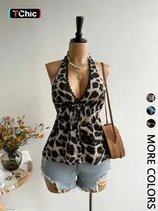1 Piece Women's Halter Top, Leopard Print Lace Trim V Neck Tie Front Sleeveless Babydoll Cami Top, Flowy Peplum Casual Blouse, Figure Flattering for Daily Wear Vacation Brunch Going Out Streetwear