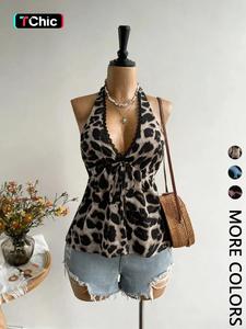 1 Piece Women's Halter Top, Leopard Print Lace Trim V Neck Fitted Tie Front Sleeveless Babydoll Cami Top, Flowy Peplum Casual Blouse, Figure Flattering for Daily Wear Vacation Brunch Going Out Streetwear