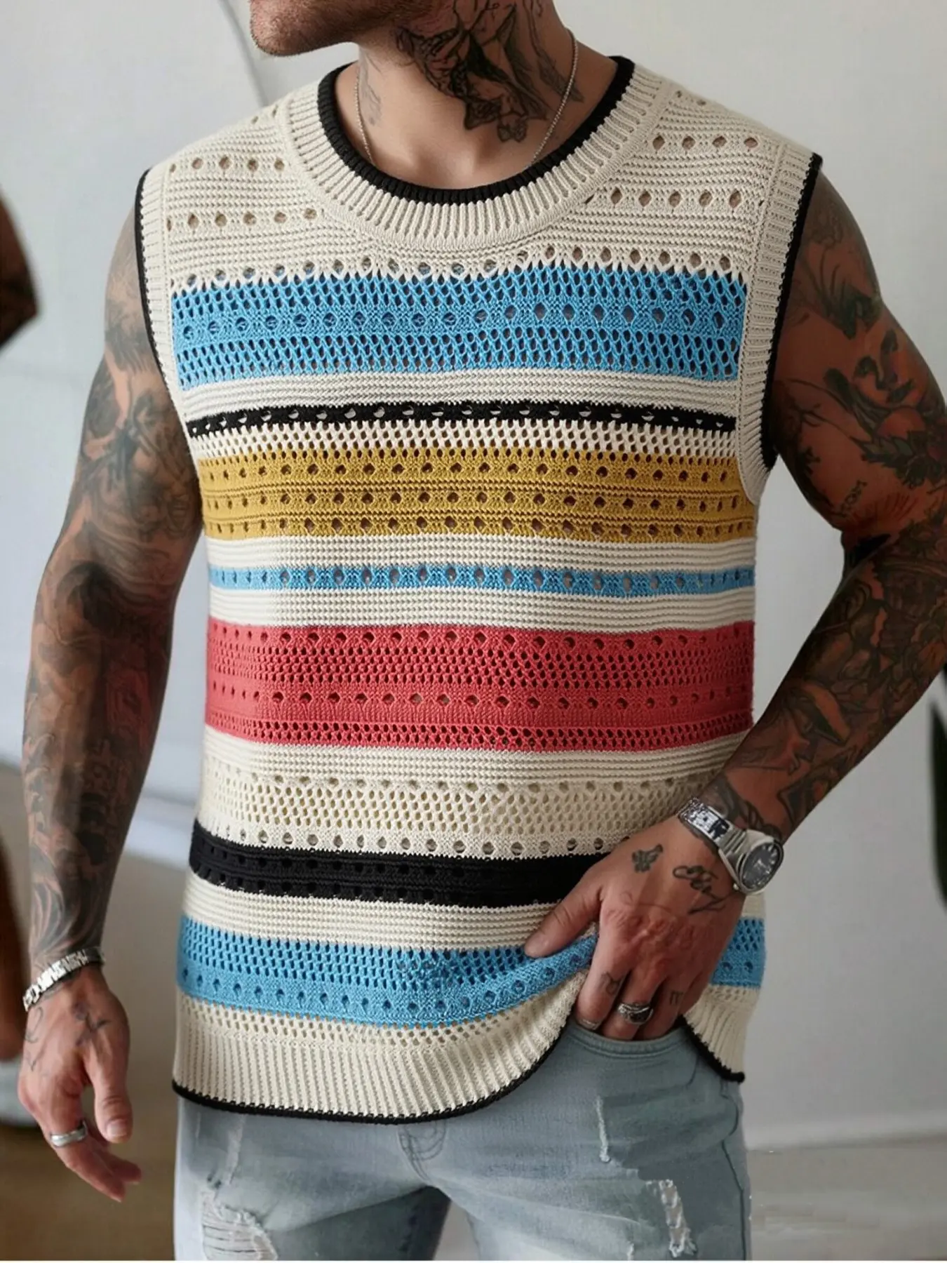 Men's Casual Fashion Stylish Knit Sleeveless Vest Pullover, Menswear, Striped Colorblock Texture Design, Spring Summer Tropical, Perfect for Outdoor Vacation Sports