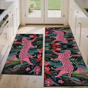 Forest Leopard Print Kitchen Runner Floral Pattern Rug, European Luxury Color Block Decorative Living Room Bedroom Carpet, Foldable Washable Non-Slip Plush Mat, Floral Area Rug, Animal Printed Rug, Leopard Print Rugs