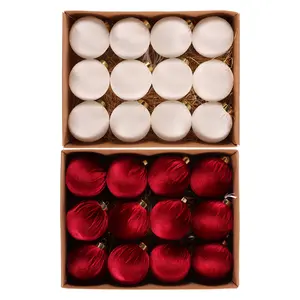 12Pcs 8cm Premium Velvet Christmas Ornaments, Red White Flocked Decorative Baubles for Xmas Tree Wedding Party Home Festive Decoration