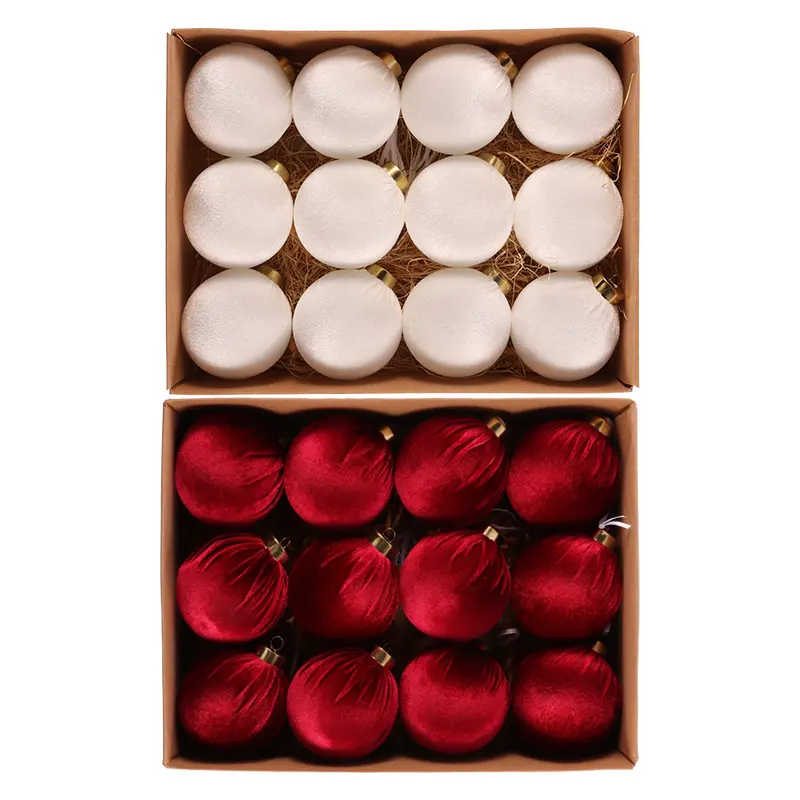 12Pcs 8cm Premium Velvet Christmas Ornaments, Red White Flocked Decorative Baubles for Xmas Tree Wedding Party Home Festive Decoration
