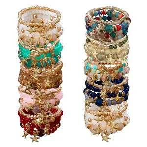 12pcs Mix Summer Bohemian Luxury Multi-Layer Beaded Bracelets Set - Golden-Tone Starfish - Daily Wear Jewelry, Festival Accessory & Ideal Gift for Women & Jewelry Enthusiasts