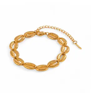 18K Gold Plated Seashell Bracelet, Gold Plated Over Stainless Steel, 6.5 Inch with 2 Inch Extension, Tarnish Proof, Hypoallergenic
