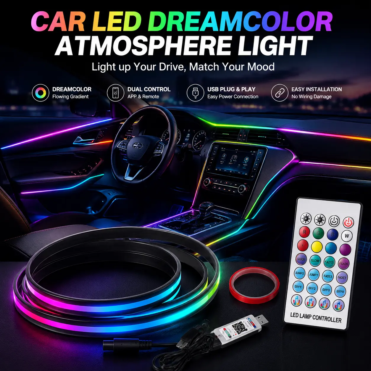 Car Atmosphere Lamp - Automotive RGB Intelligent Interior Decorative Lighting Kit with DIY Mode, 2-in-1 110cm+110cm Acrylic Cold LED Lights and Charger