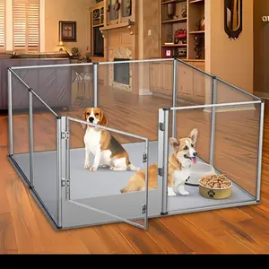 XXL Acrylic Dog Playpen Clear Exercise Enclosure Pet Animal Bunny Ferret Dog Cage Pet Whelping Box with Waterproof Fertility Pad Wooden Outdoor Cat