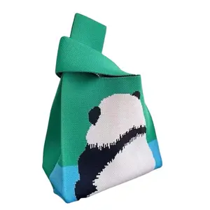 Fashion Panda Pattern Knitted Handbag, Portable Durable Women's Tote Bag, Fashion Elegant Handbag, Beach Cosmetic Storage Organizer Bag
