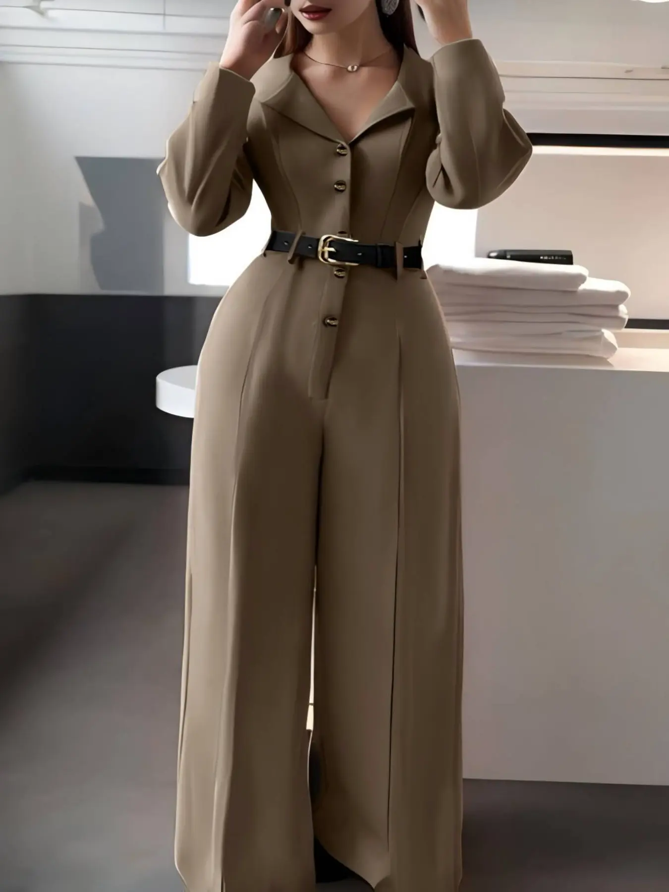 Elegant Spring New Long Sleeve Women's Fitted Waistband Jumpsuit with Belt, Chic Fashionable Commuter Wear, Versatile One-Piece for Ladies, Womenswear