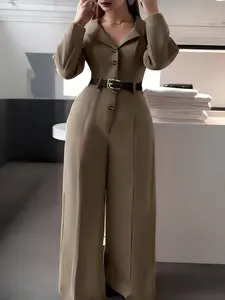 Elegant Spring New Long Sleeve Women's Fitted Jumpsuit with Belt, Chic Fashionable Commuter Wear, Versatile One-Piece for Ladies, Womenswear