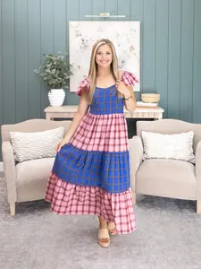 Color Block Plaid Tiered Midi Dress | S-3XL