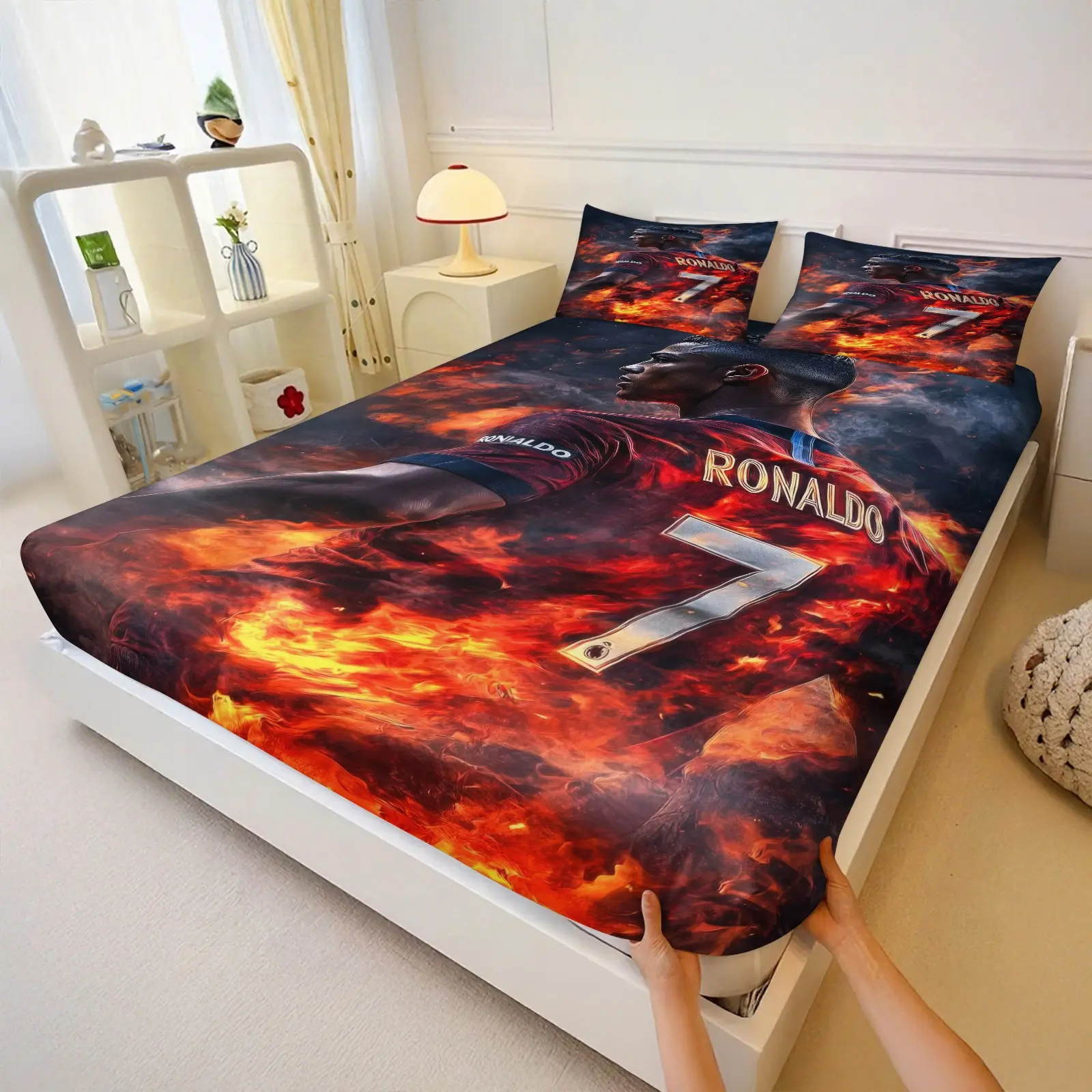 Flame Pattern Bedding Set, Breathable Durable Digital Print Sheets & Pillowcases, Non-Slip Deep Pocket, Football Lover Bedroom Decor