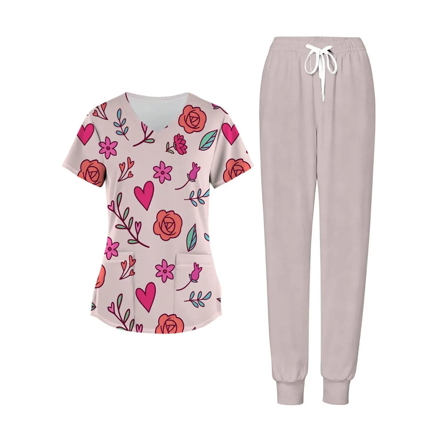 Light Pink Plus-Size Two-Piece Outfit with V-Neck Top and Valentine-Inspired Rose and Heart Designs, Complete with Matching Pants